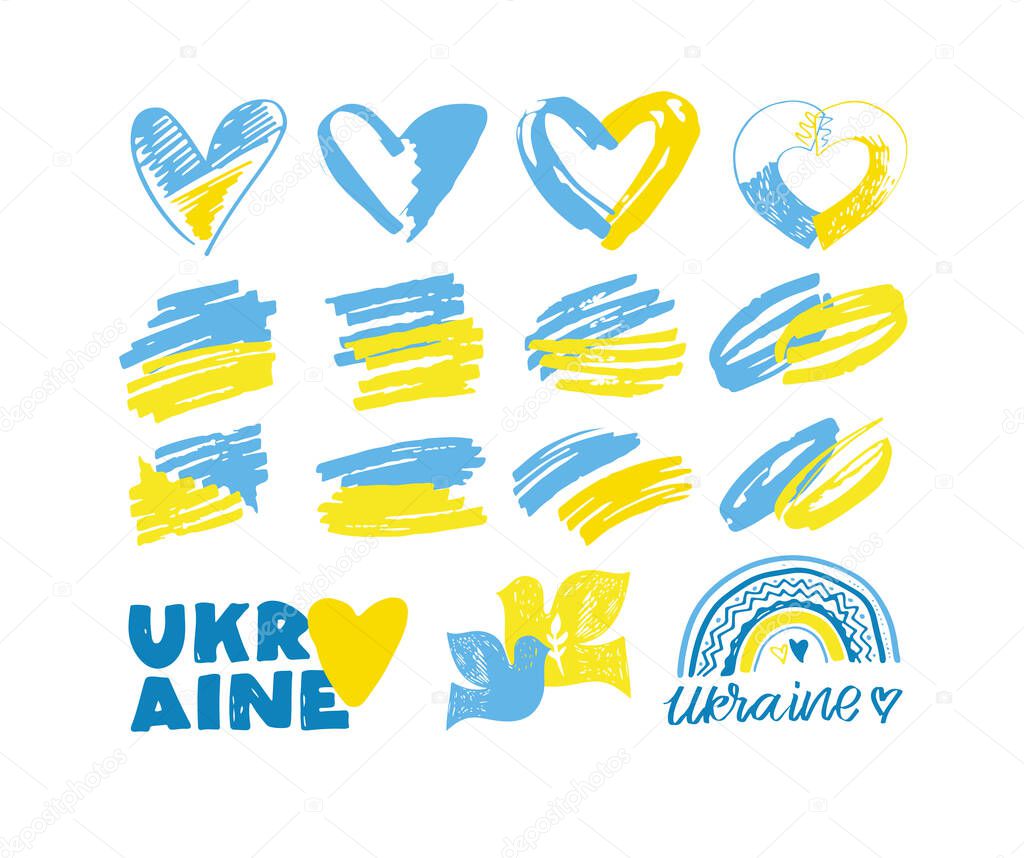 Lettering postcard hand drawn about Support Ukraine. Blue yellow ukrainian flag background.