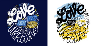 Ukrayna 'yı destekleyen kartpostallar. Mavi sarı Ukrayna bayrağı arkaplanı.