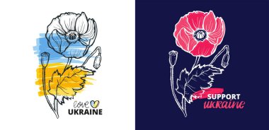 Gelincik çiçeği - Ukrayna illüstrasyonunu destekle. Ukrayna etiketini destekle. Mavi sarı Ukrayna bayrağı arkaplanı.