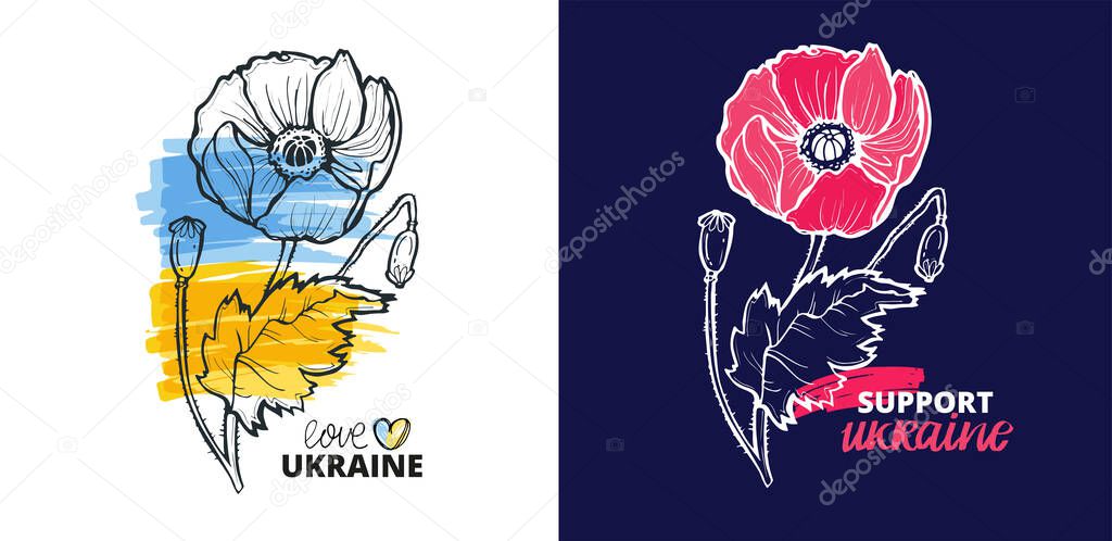 Poppy flower - support Ukraine illustration. Support Ukraine label. Blue yellow ukrainian flag background.