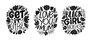 El yazısıyla yazılmış mektuplar, elle çizilmiş çiçek resimleri. Motivasyon alıntısı. Tişörtler, posterler, kartlar için. Çiçekli dijital çizim biçimi