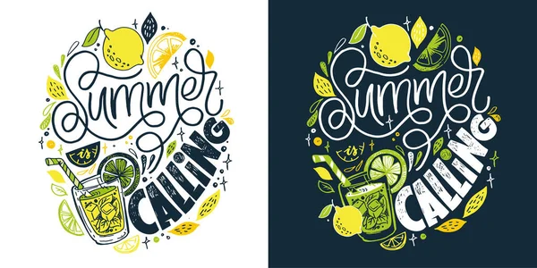 Lemonade Pattern Background Summer Calling Lettering Art Postcard — Stockvector