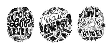 Hoş, motive edici bir el, karalama kartpostalları çizmiş. Pankart ve tişört tasarımı için harf sanatı.