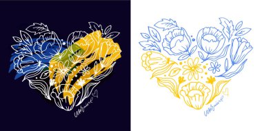 Ukrayna 'yı destekleyen kartpostallar. Mavi sarı Ukrayna bayrağı arkaplanı.