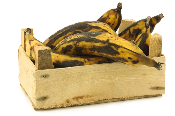 Sweet ripe baking bananas (plantain bananas) in a wooden crate — Stock Photo, Image