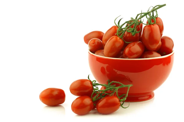 Tomates cherry italianos frescos en la vid en un tazón rojo —  Fotos de Stock