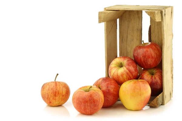 Verse "Koninklijke gala" appels in een houten krat — Stockfoto