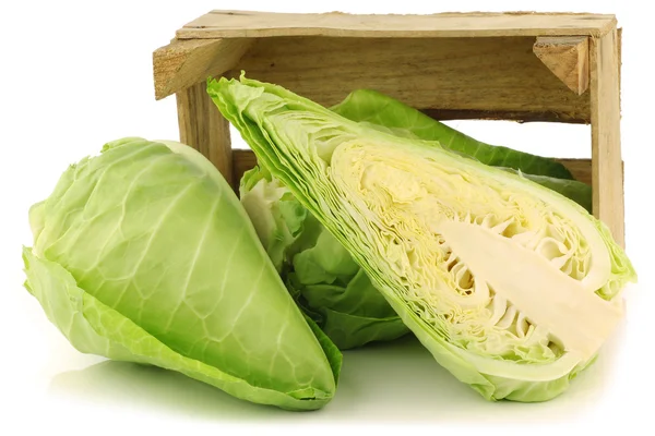 Fresh green pointed cabbages and a cut one — Stock Photo, Image