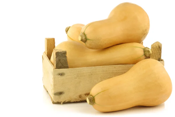 Bottle shaped butternut pumpkins in a wooden crate — Stock Photo, Image