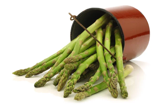 Fresh green asparagus shoots in a brown enamel cooking pot — Stock Photo, Image