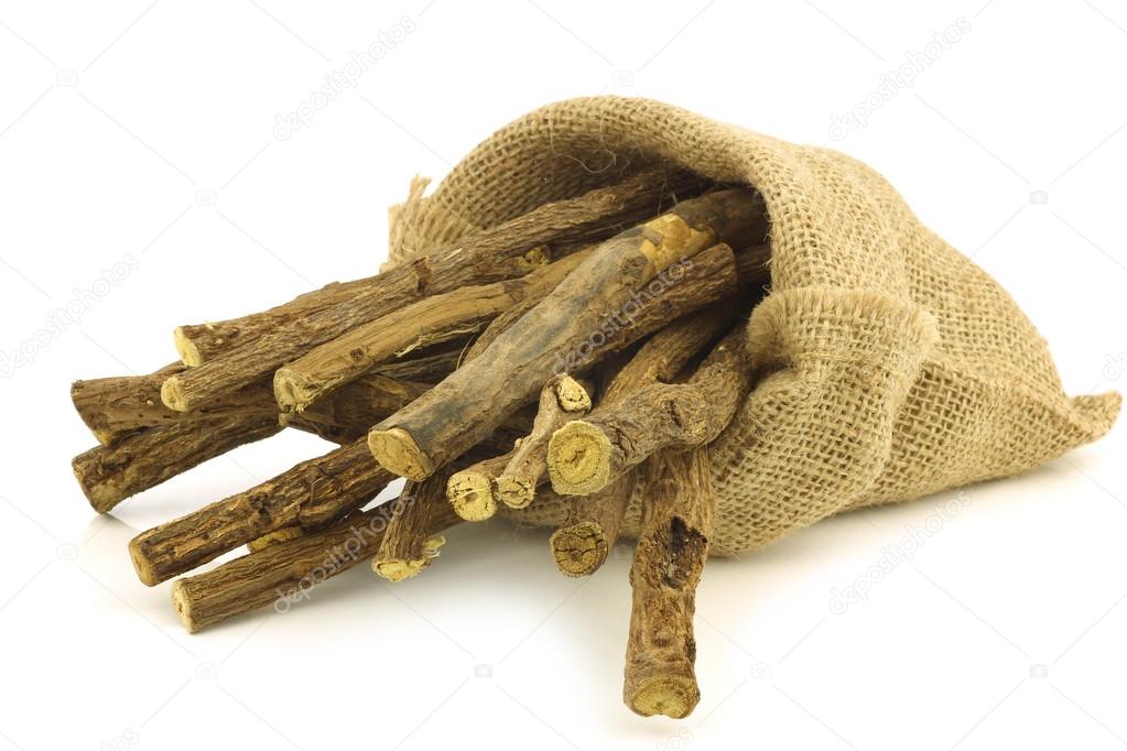 licorice root (sticks) in a burlap bag