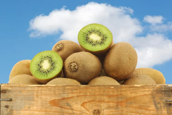 Grüne Kiwi-Früchte und eine geschnittene in einer Holzkiste — Stockfoto