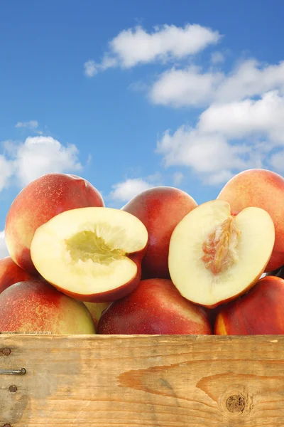 Fresh nectarines and a cut one in a wooden crate — Stock Photo, Image