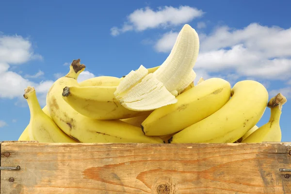 Fresh bananas and a peeled one in a wooden crate