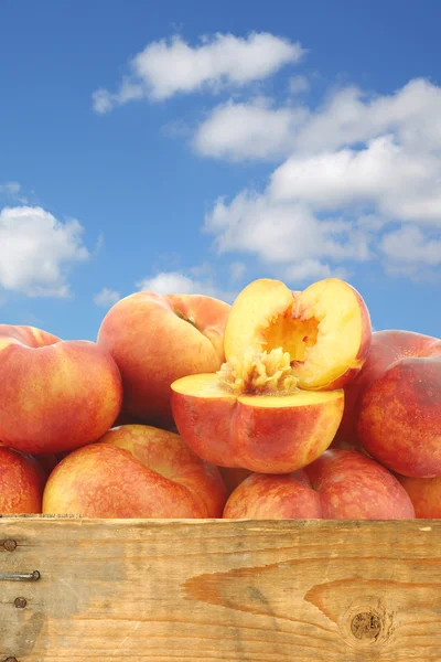 Fresh wild (flat) nectarines and a cut one in a wooden crate — Stock Photo, Image