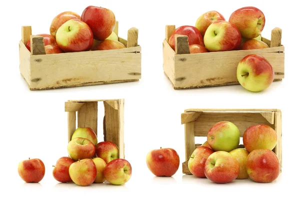 Manzanas Frescas Braeburn Una Caja Madera Sobre Fondo Blanco —  Fotos de Stock