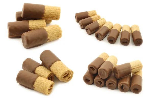 Obleas Chocolate Crujientes Enrolladas Sobre Fondo Blanco —  Fotos de Stock