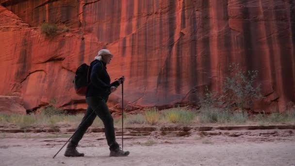 Caminante Trekking En Sandy Seco Riverbed En Ranura Cañón Con Red Rock Formación — Vídeos de Stock