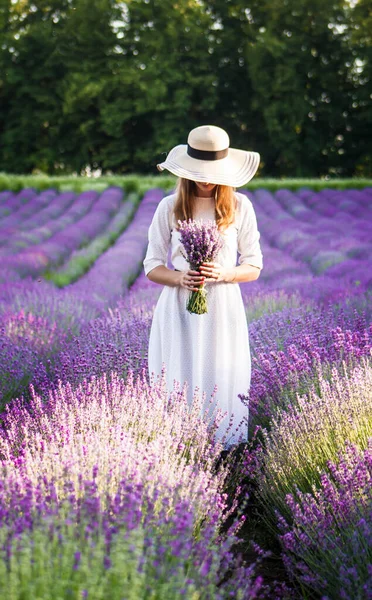 Eine Schöne Fremde Einem Lavendelfeld Der Sommerwind Bläst Ihr Die — Stockfoto