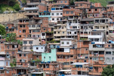Rio, Brezilya - 14 Kasım 2021: Şehrin kuzeyindeki bir yamaçtaki fakir bir topluluğun manzarası, yakındaki bitki örtüsünü gösteriyor
