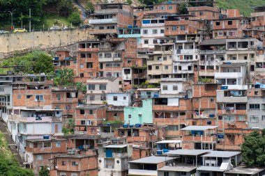 Rio, Brezilya - 14 Kasım 2021: Şehrin kuzeyindeki bir yamaçtaki fakir bir topluluğun manzarası, yakındaki bitki örtüsünü gösteriyor