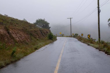 Sisli bir günde ağaçların olduğu kırsal bölgede çift yönlü yol. Araba yok. 