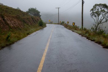 Sisli bir günde ağaçların olduğu kırsal bölgede çift yönlü yol. Araba yok. 