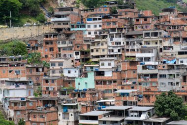 Rio, Brezilya - 14 Kasım 2021: Şehrin kuzeyindeki bir yamaçtaki fakir bir topluluğun manzarası, yakındaki bitki örtüsünü gösteriyor