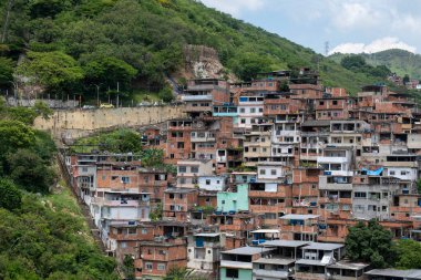 Rio, Brezilya - 14 Kasım 2021: Şehrin kuzeyindeki bir yamaçtaki fakir bir topluluğun manzarası, yakındaki bitki örtüsünü gösteriyor
