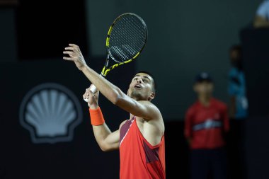 Rio, Brezilya - 14 Şubat 2022: Carlos Alcaraz (ESP), Rio Open 2022 'de oynanan ilk tur karşılaşmasında Jaume Antoni Munar Clar' a (ESP) karşı oynadı.