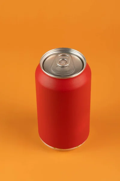 Red Aluminum Can Isolated Orange Background — Stock Photo, Image