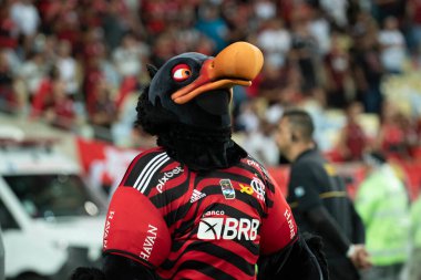 Rio, Brezilya - 14 Eylül 2022: Maskot Urubaldo oyuncusu Flamengo ile Sao Paulo arasında oynanan maçta Maracana Stadyumu 'nda oynanan Brezilya Kupası yarı final karşılaşmasında