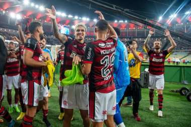 Rio, Brezilya - 14 Eylül 2022: Oyuncular, Maracana Stadyumu 'nda oynanan Brezilya Kupası yarı final karşılaşmasında Flamengo-Sao Paulo maçını kutladı.