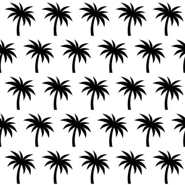 Palmiye ağaçları siyah siluet, beyaz arka planda izole edilmiş, pürüzsüz desen. Vektör tek renkli arkaplan.