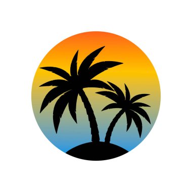 Adadaki palmiyeler ve günbatımı vektörü.