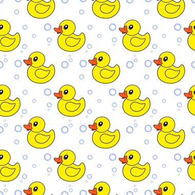 Beyaz arka planda sarı plastik ördekler ve sabun köpükleri. Kusursuz desen. Vektör.