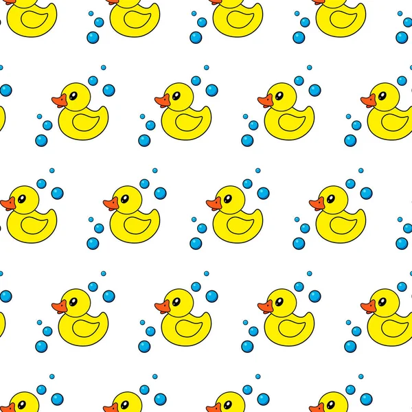 Gelbe Enten und Seifenblasen auf weißem Hintergrund. Nahtloses Muster. Vektor. Stockillustration