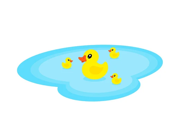 Pato y patitos nadando en el estanque. Ilustración vectorial de dibujos animados. Pato madre y familia. — Vector de stock