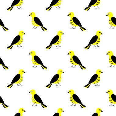 Kuş desenli vektör. Sarı kuşlarla kusursuz bir arkaplan.