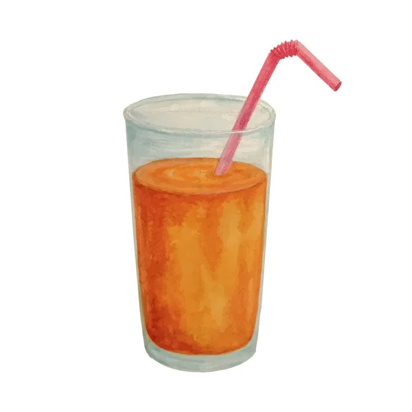 Suco de laranja aquarela. Um copo de suco de laranja com uma palha isolada em um fundo branco. Vetor — Vetor de Stock