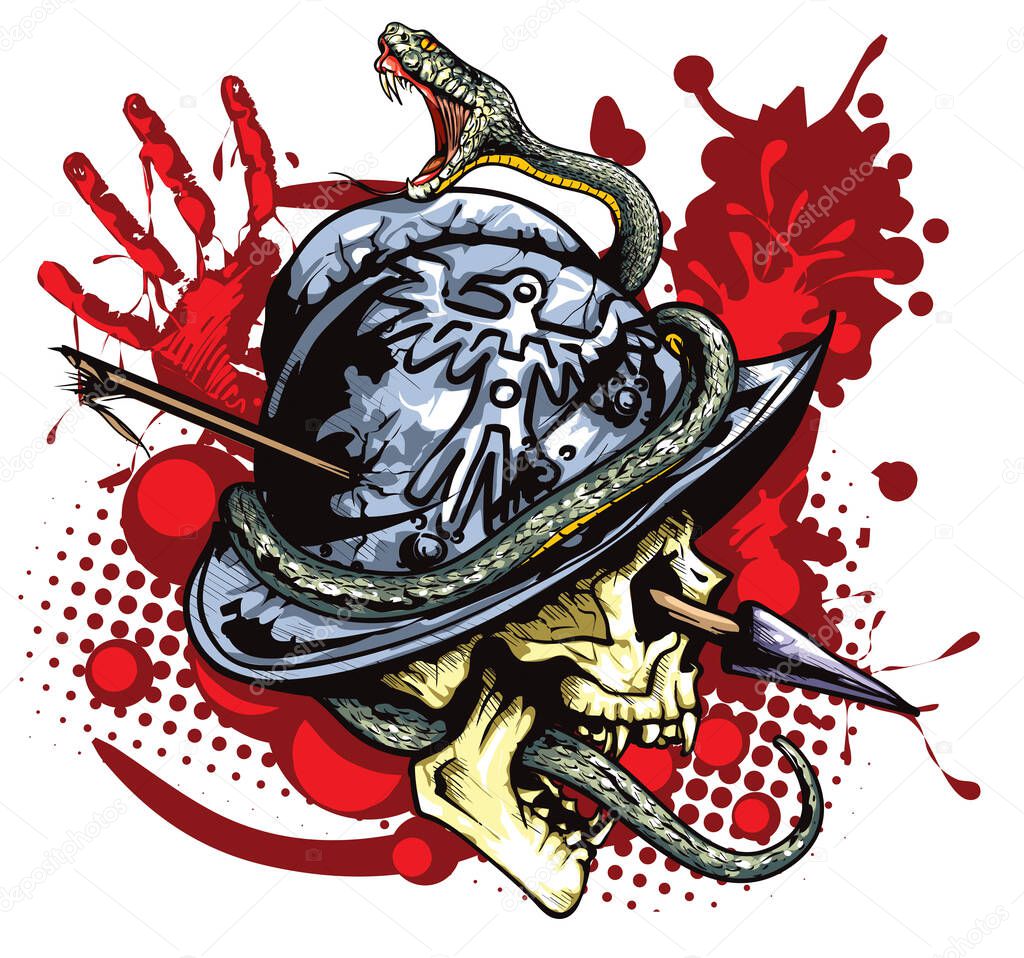 Vector cartoon illustration of Conquistador's warrior skull. Suitable for tattoo, logo design, poster, cover of the book...