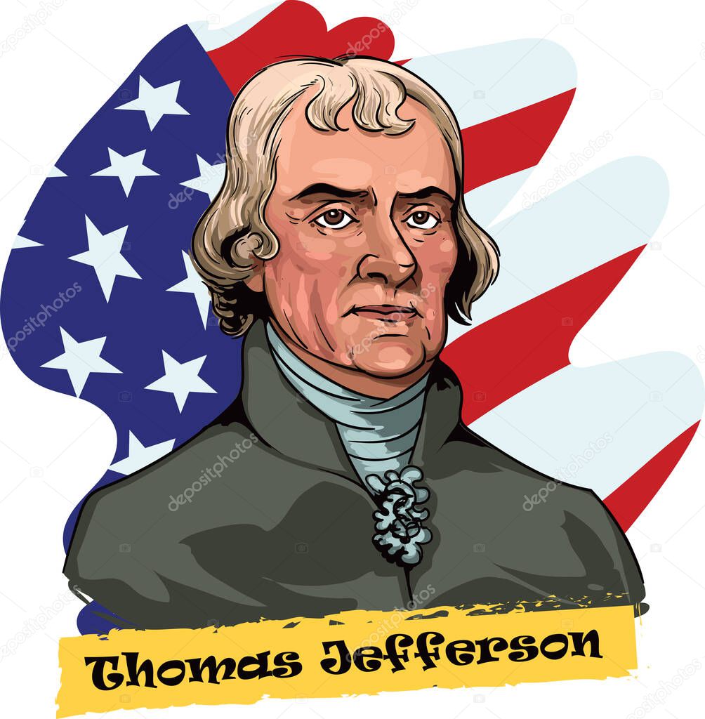 Vector cartoon style illustration of Thomas Jefferson as third President of the United States from 1801 to 1809.