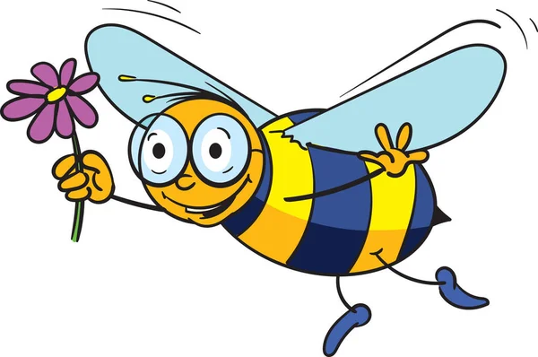 Vector Cartoon Illustration Funny Bumblebee Presents Flower — 图库矢量图片