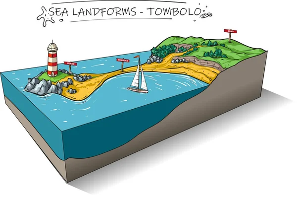 Illustrazione Stile Cartone Animato Vettoriale Tombolo Barra Sabbia Deposizione Landform — Vettoriale Stock