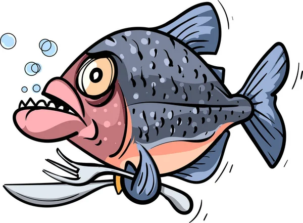 Vector Cartoon Illustration Funny Crazy Mean Piranha Fish Ready Eat — Stock Vector