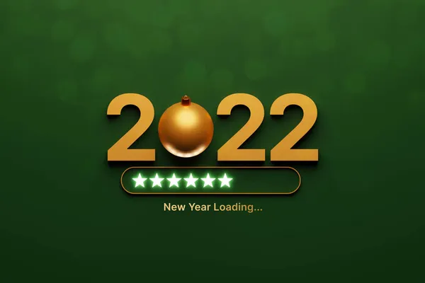 New year loading concept. 2022 and christmas ball on luxury green background with bokeh and loading bar. 3d rendering illustration