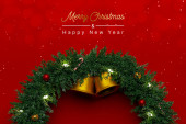 Top kilátás karácsonyi koszorú dísz luxus piros háttér. Karácsony és boldog új évet. 3d renderelés illusztráció
