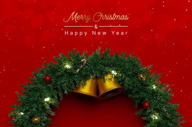 Lüks kırmızı arka planda noel çelengi süsünün en üst görüntüsü. Noel ve mutlu yıllar. 3d resimleme