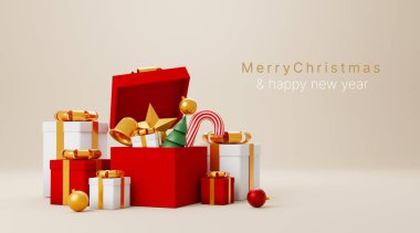 Mutlu Noeller ve mutlu yıllar konsepti. Süs süsleri, yıldız, çan, Noel ağacı, şeker ve hediyeyle birlikte hediye kutusunu aç. 3d resimleme