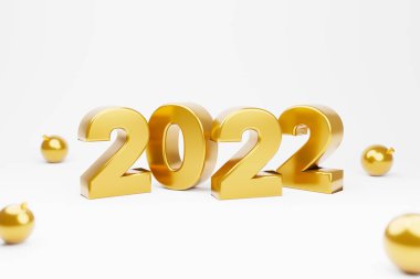 Mutlu Noeller ve 2022 konseptine yeni yıl geri sayımı. 2022 yılı, beyaz arka planda, noel balosuyla birlikte. 3d oluşturma
